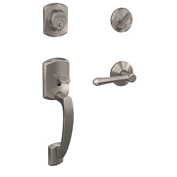 Schlage Custom Greenwich Satin Nickel Single Cylinder Door Handleset with Dempsey Door Handle and Kinsler Trim