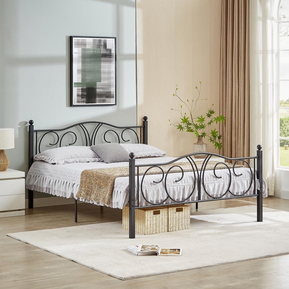 Victorian Black Metal Queen Platform Bed Frame with Headboard and Footboard
