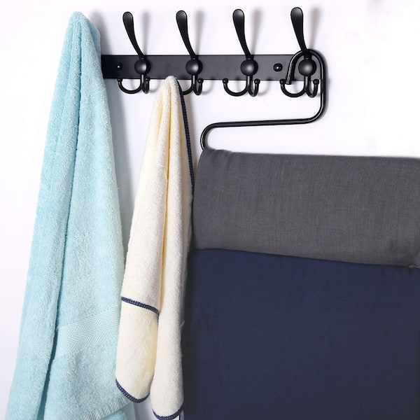 2-Bar Wall Mounted Towel Rack in Black, 5 Tri Hooks, Made of Heavy Duty Stainless Steel, Metal Coat Hook Rail