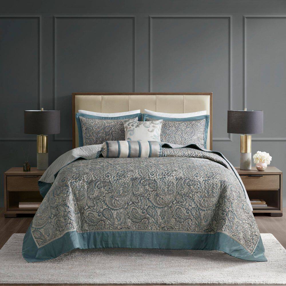 Teal and Gray Reversible Microfiber Queen Bedspread Set