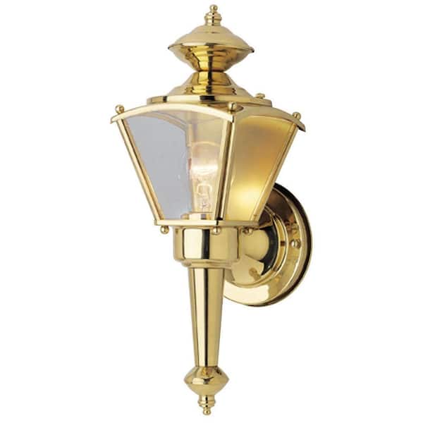 Westinghouse 1-Light Polished Brass on Solid Brass Steel Exterior Wall Coach Light Sconce with Clear Glass Panels
