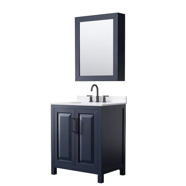 Wyndham Collection Daria 30 in. W. x 22 in. D x 35.75 in. H Single Bath Vanity in Dark Blue with White Quartz Top and Medicine Cabinet