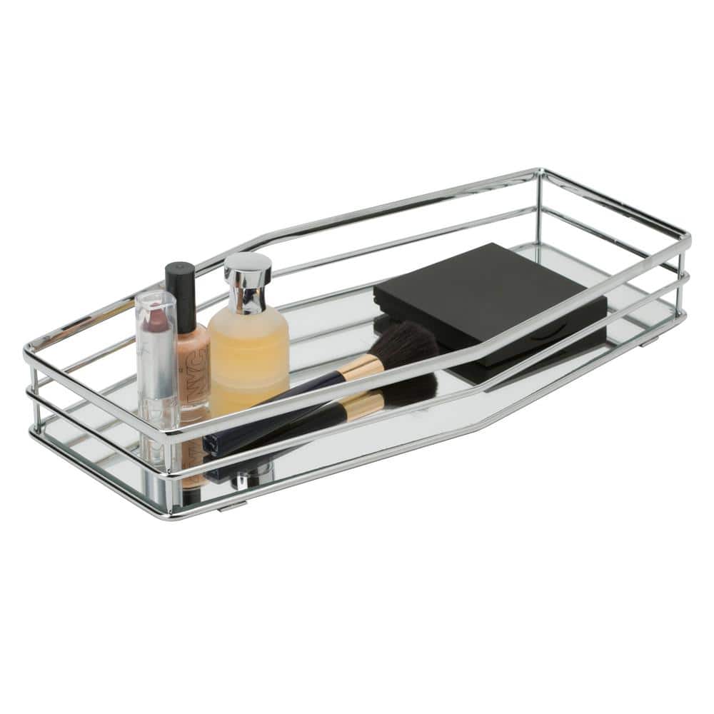 Chrome Reflective Glass Vanity Tray with Double Rail Design