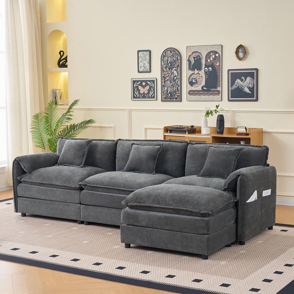 Amber Modern 109.45 in. 4-Piece Chenille L-Shaped Modular Sectional Sofa in Grey with Ottoman