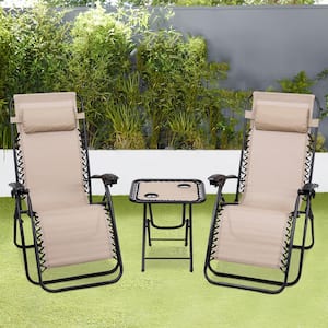 Metal Outdoor Lounge Zero Gravity Chairs in Beige Seat with 1 Side Table (2-Pack)