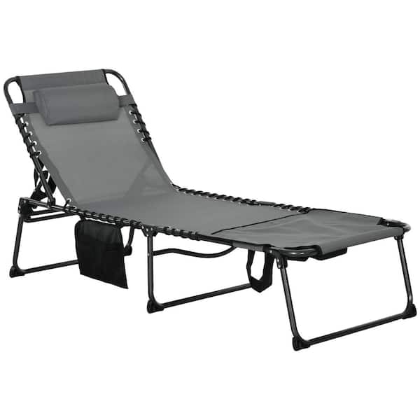 Unbranded Gray Folding Beach Lounge Chair with Face Hole and Arm Slots, 5-level Adjustable Lounger Tanning Chair with Pillow
