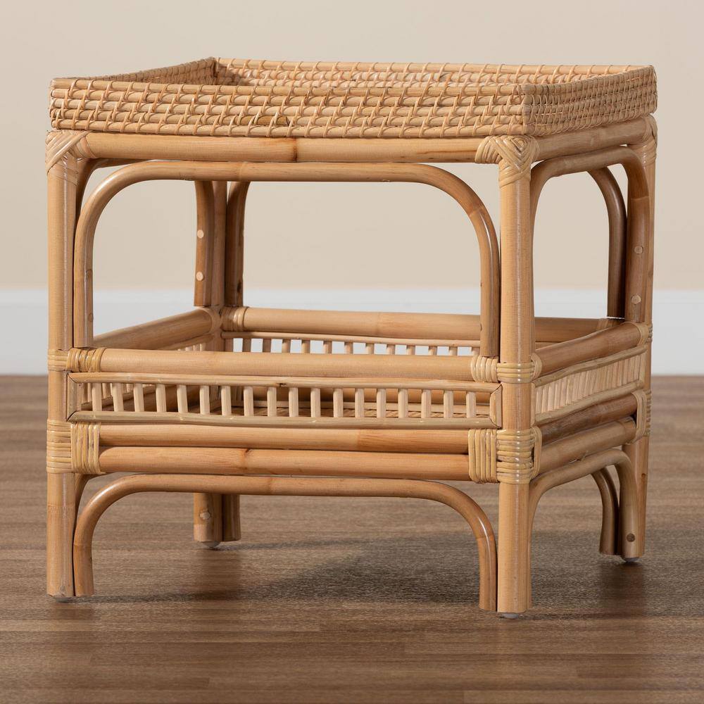 Natural Rattan Bohemian Square End Table with Shelf