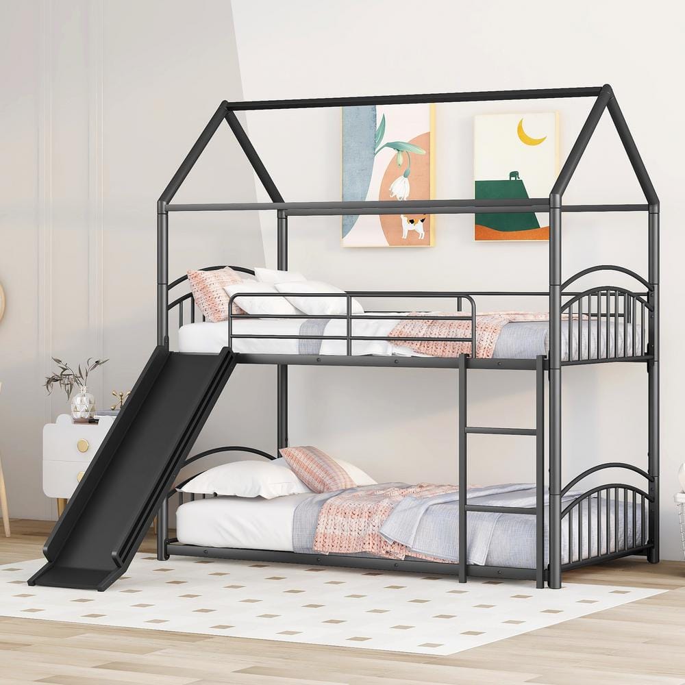 Harper & Bright Designs Black Twin over Twin Metal Bunk Bed with Slide ...