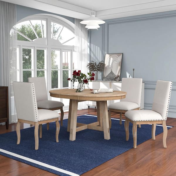 Qualler Natural Wood Wash 5-Piece Wood Top Extendable Dining Table with 4 Upholstered Dining Chairs