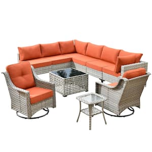 Howell 10-Piece Wicker Outdoor Patio Conversation Sofa Furniture Set with Swivel Rocking Chairs and Orange Red Cushions