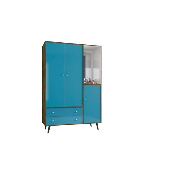 Manhattan Comfort Liberty 47.83 in. Mid Century Rustic Brown and Aqua Modern Armoire with Mirror, 4-Shelves, 2-Drawers and Hanging Rod
