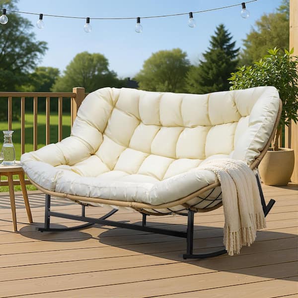 Unbranded Oversized PE Wicker Double Outdoor Rocking Chair 2-Person 700 lbs. Papasan Chair Loveseat with Beige Cushion