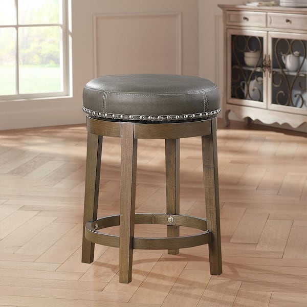 Paran 25 in. Brown Wood Round Swivel Counter Height Stool with Gray Faux Leather Seat (Set of 2)