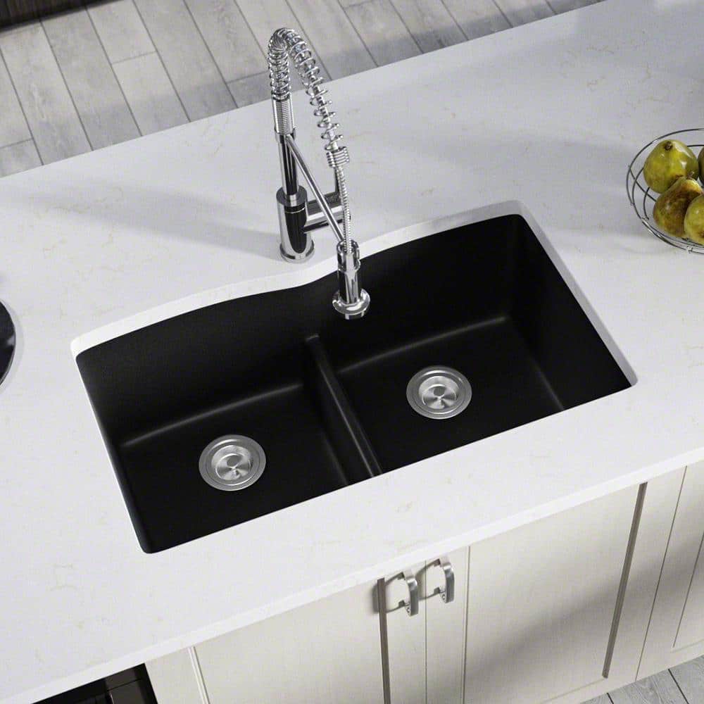 Mr Direct Black Quartz Granite 33 In Double Bowl Undermount Kitchen Sink 812 Bl The Home Depot