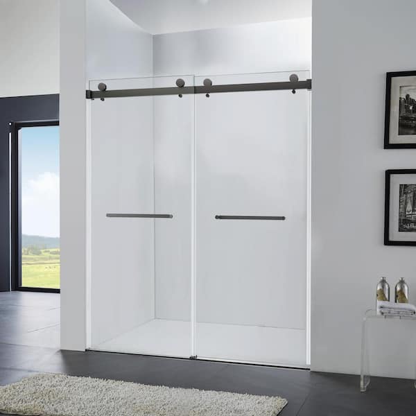 60 in. W x 75 in. H Sliding Frameless Shower Door in Matte Black with Temper Glass