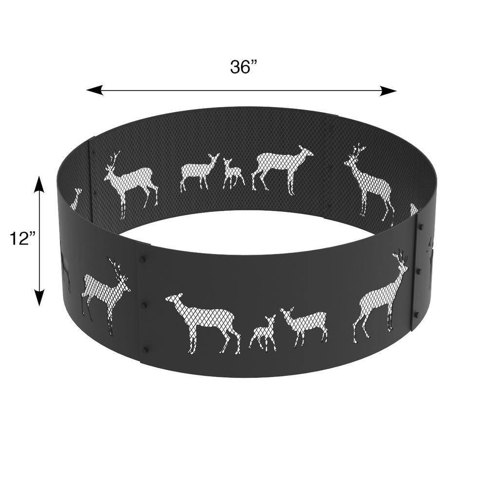 Black Steel 36" Round Fire Ring with Elk Design