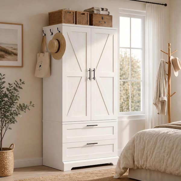 White Farmhouse Barn Door Armoires 70.8 in. H x 31.3 in. W Wardrobe with Motion Sensor LED Light