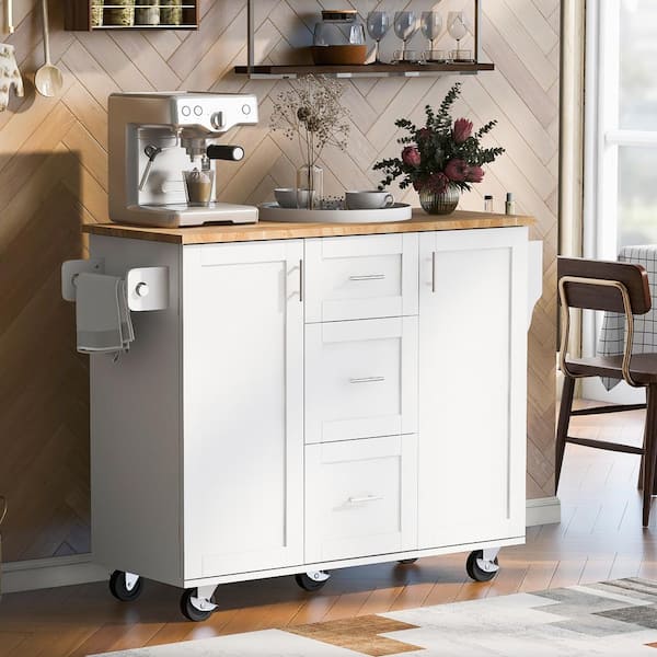 Oasis White Wood 50 in. Kitchen Island with Storage, Kitchen Cart with Rubber Wood Top, 3-Drawer, 2 Slide-Out Shelf