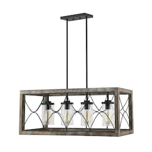 4-Light Matte Black and Antique Wood Island Chandelier Hanging Kitchen Pendant Light with Clear Glass Shades