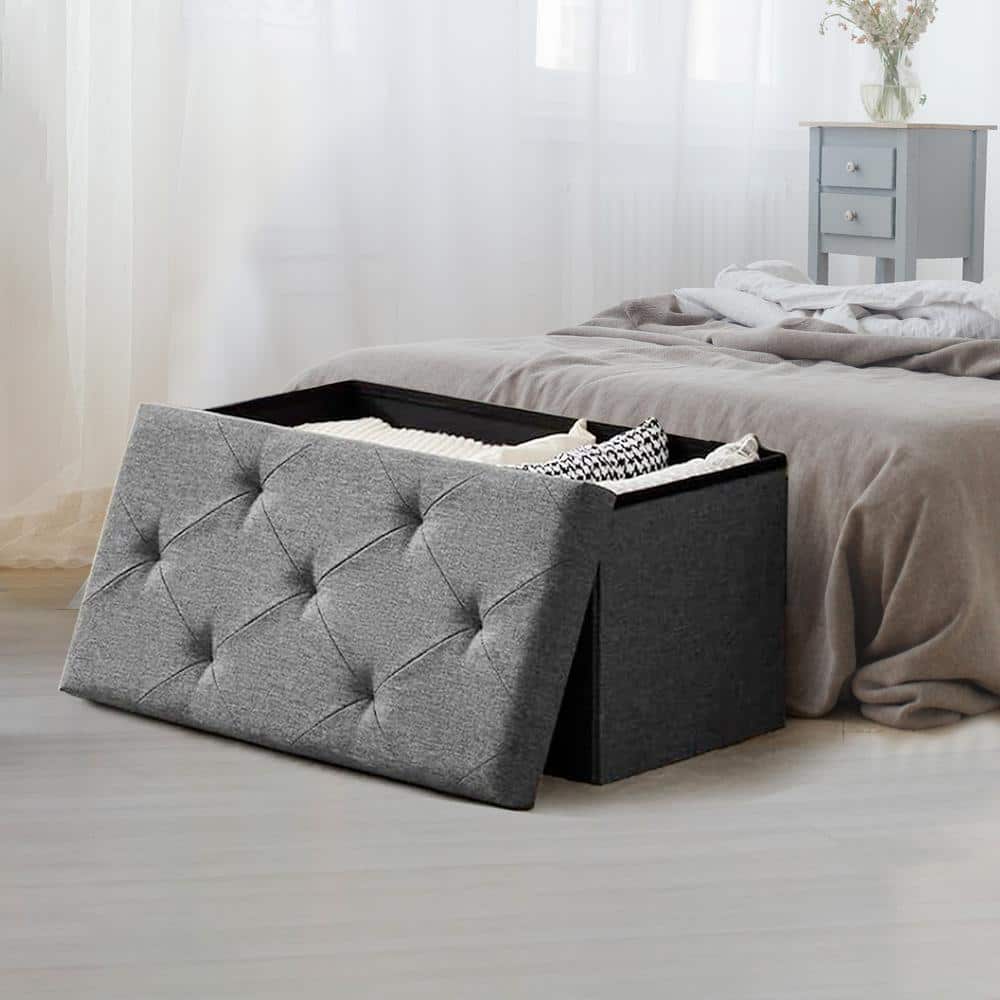 Simplicity 30 in. Grey Linen Fabric Rectangular Folding Storage Ottoman Bench for Living Room Entryway