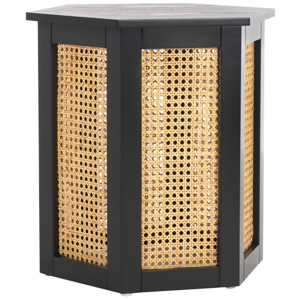 Danez Hexagonal Black and Natural Wood Cane Accent Table