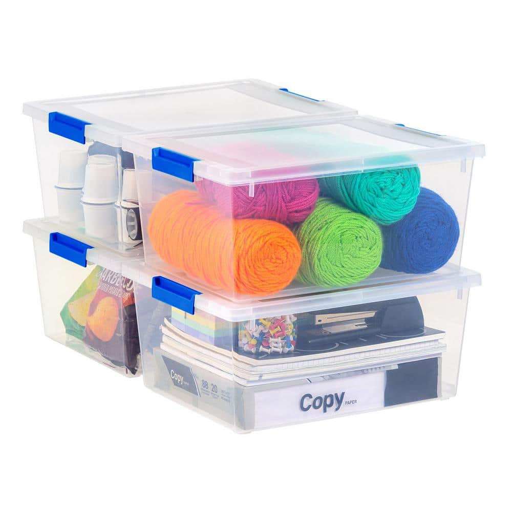 Clear Stackable Plastic Storage Boxes with Blue Latches, 12 Qt, Set of 4