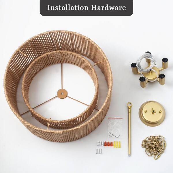 ADSENSTY 5 Light 2-Tier Gold Drum Rattan Dimmable Chandelier for