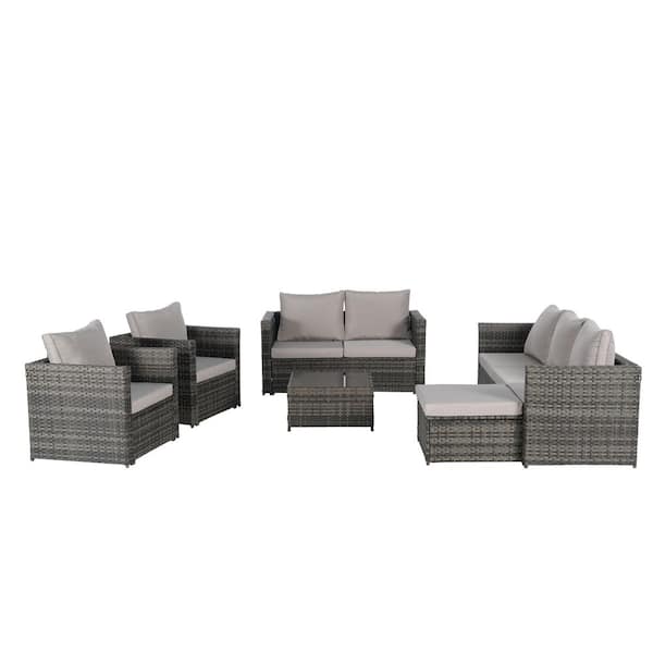 6-Pieces Outdoor Wicker Metal Conversation Set All Weather with Glass Table, Light Gray Cushions and Pillows