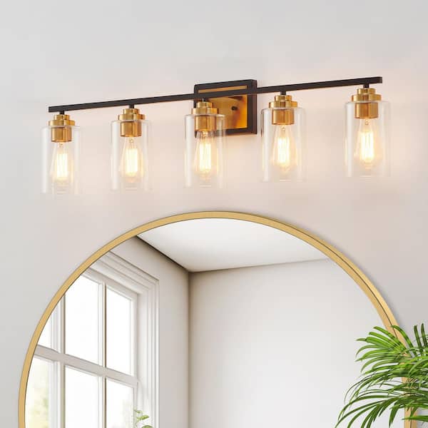 35 in. 5-Light Black and Brass Vanity Light with Clear Glass Shades