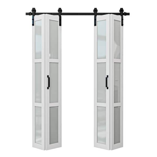 64 in. x 84 in. 3-Lite Tempered Frosted Glass White Primed Glass Bi-Fold Sliding Barn Door with Hardware Kit