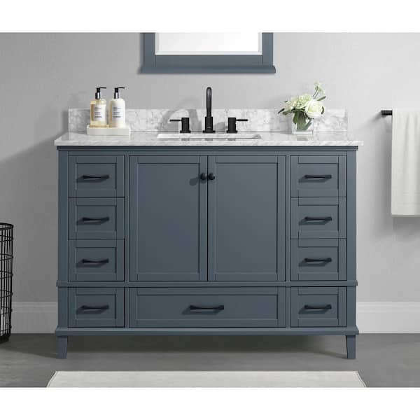 Home Decorators Collection Merryfield 49 in. Single Sink Freestanding Dark Blue-Grey Bath Vanity with White Carrara Marble Top (Assembled)