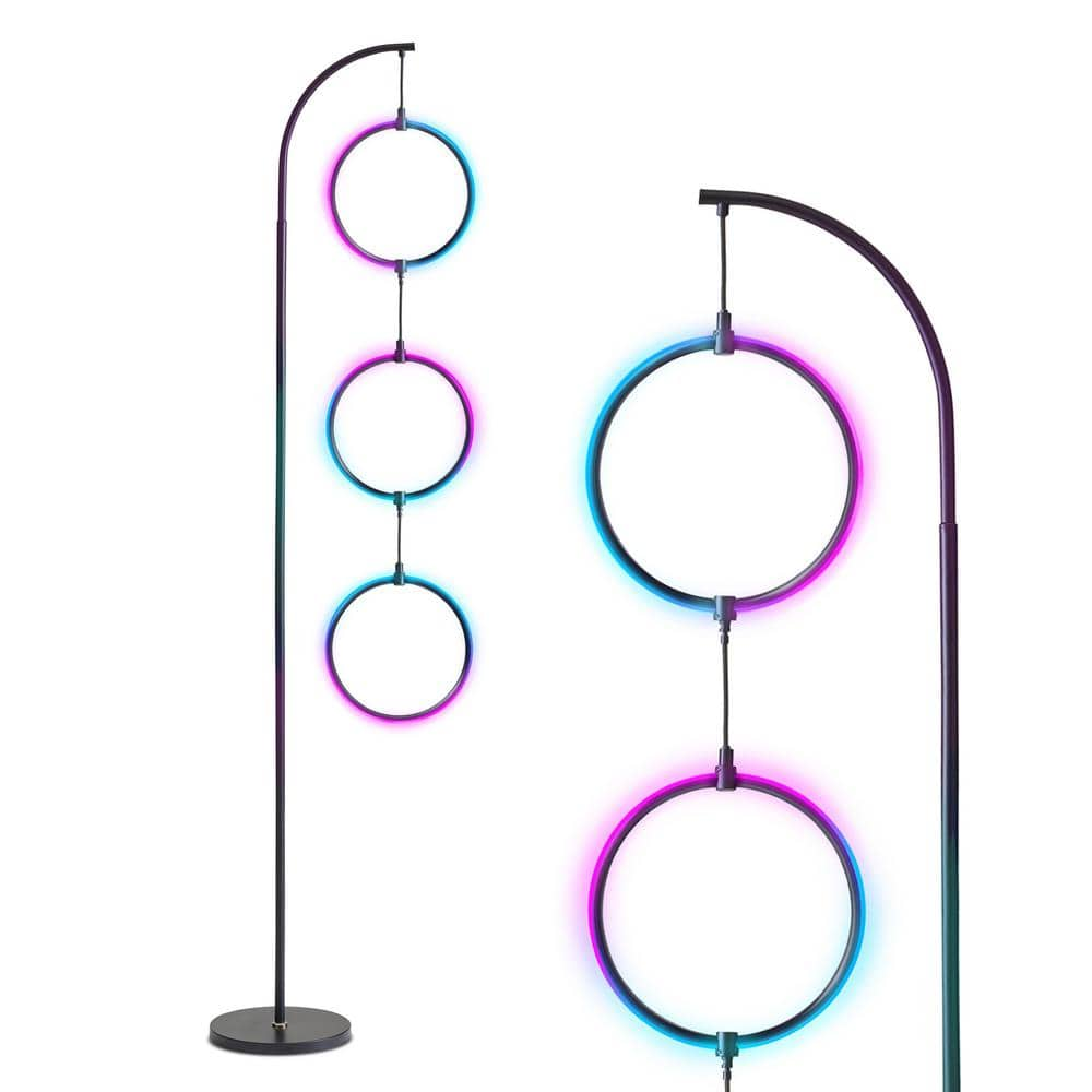 Brightech Nova 74  Modern Color Changing Floor Lamp - LED Lamp with Stunning RGB Color Gradient and Contemporary 3-Circle Ring-Style Pendant - Black