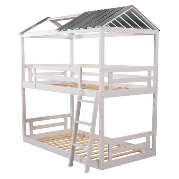 Angel Sar White Wood Twin Over Twin Bunk Bed with Convertible Ladder and Roof Separable House Bunk Bed
