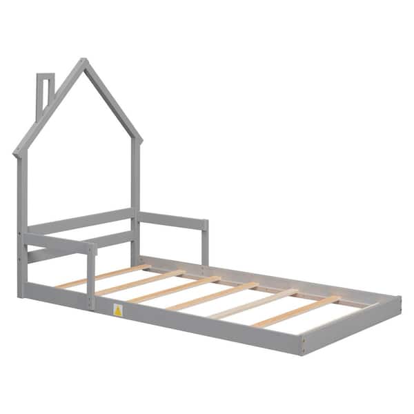 Gray Wood Frame Twin Platform Bed with House-Style Headboard and Handrails for Kids and Teens