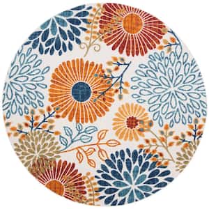 Cabana Cream/Red 3 ft. x 3 ft. Contemporary Floral Leaf Indoor/Outdoor Patio Round Area Rug