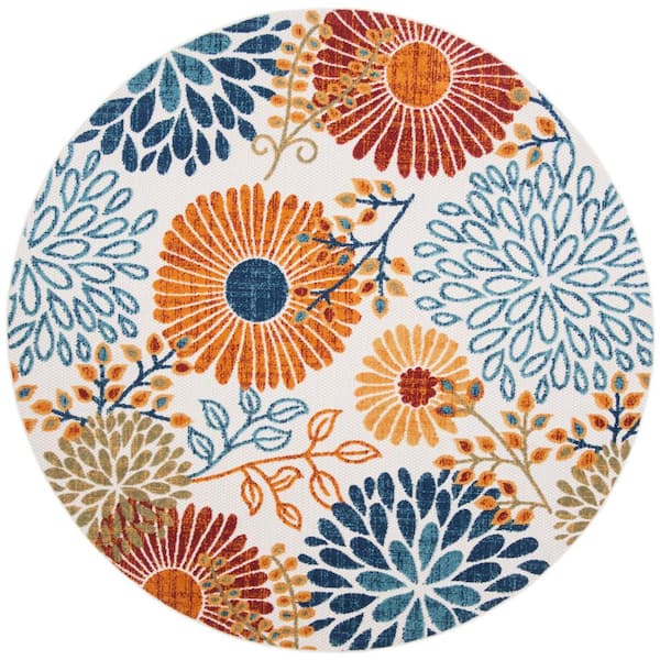 Cabana Cream/Red 4 ft. x 4 ft. Floral Leaf Indoor/Outdoor Patio  Round Area Rug