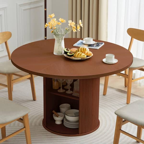 ATHMILE Walnut Wood 47 in. Round Pedestal Dining Table With Storage For 4
