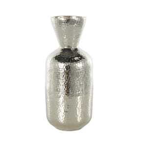 Silver Hammered Aluminum Metal Decorative Vase with Cone Shaped Opening