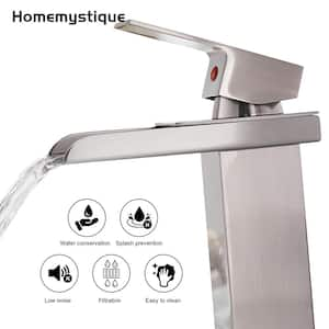 Single Handle Waterfall Spout Single Hole Bathroom Sink Faucet with Drain and Deckplate Included in Brushed Nickel