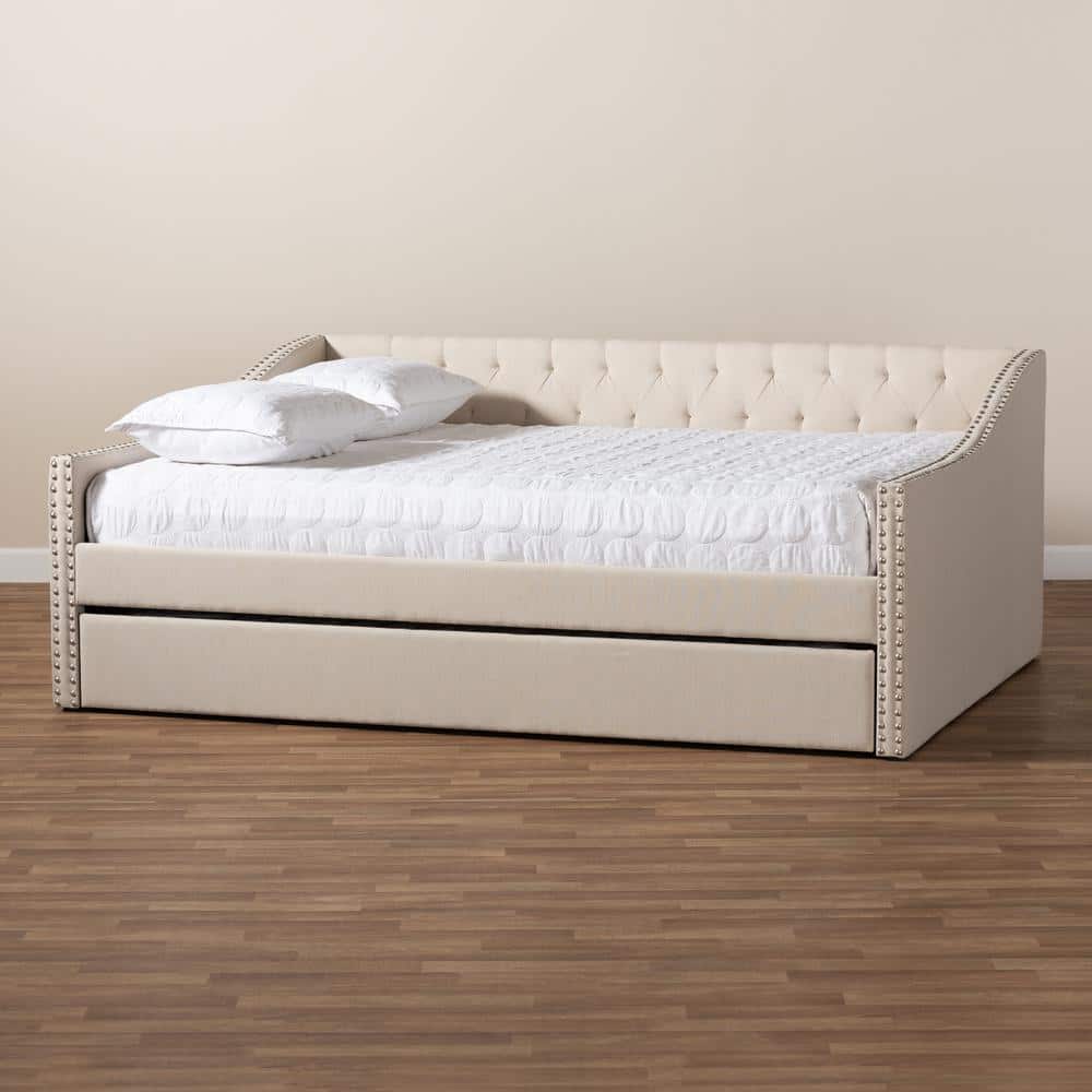 Beige Upholstered Full Size Daybed with Trundle and Nailhead Trim