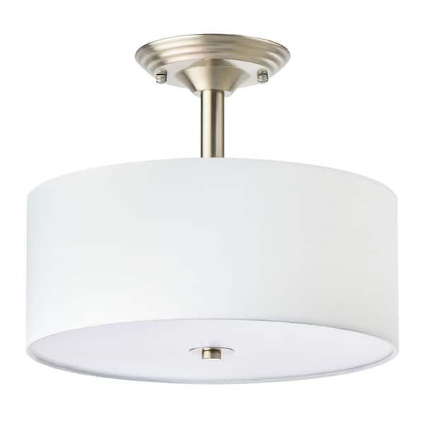 Merra 13 in. 2-Light Brushed Nickel Semi-Flush Mount Light with Fabric Drum Shade