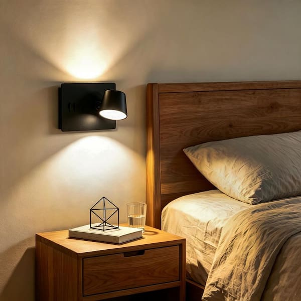 Modern 8.7 in. 2-Light Matte Black LED Wall Sconce with Adjustable Bell Metal Shade for Bedside, Reading Wall Light