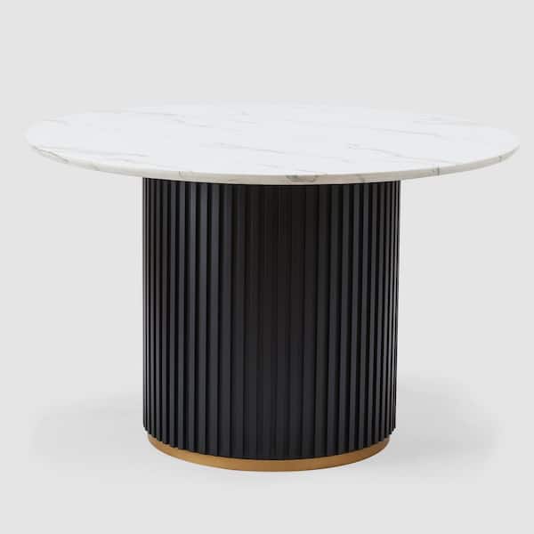 Luxury Faux Marble Top Column Base Dining Table Round Metal Frame in White for Kitchen Seats of 4