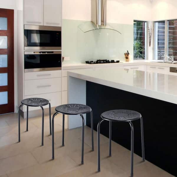 Black (Set of 6) Stackable Metal Stool Set Daisy Backless Round Top Kitchen