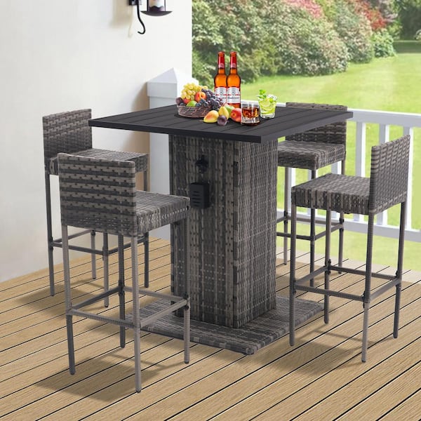 Tatayosi Gray 5-Piece Rattan Wicker Patio Conversation Set with Metal Tabletop and Stools