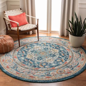 Phoenix Ivory/Blue 4 ft. x 4 ft. Border Floral Medallion Persian Round Area Rug