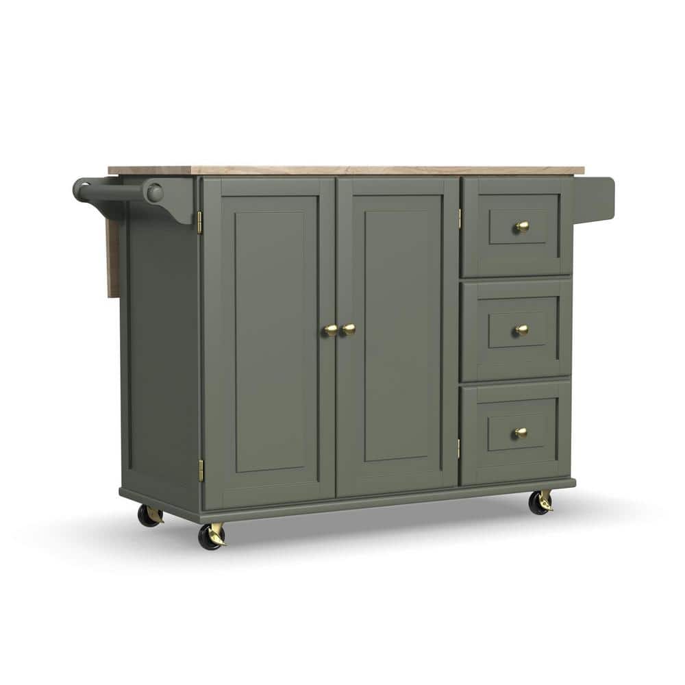 Sage Green Wood Kitchen Cart with Storage and Spice Rack