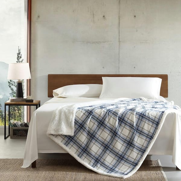 Eddie Bauer Edgewood Plaid Sherpa Blue Cotton Throw Blanket