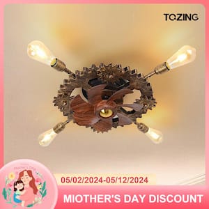 32.2 in. Indoor 4-light Industial Bronze Low Profile Geometric Gear Flush Mount Ceiling Fan Light with Remote Control