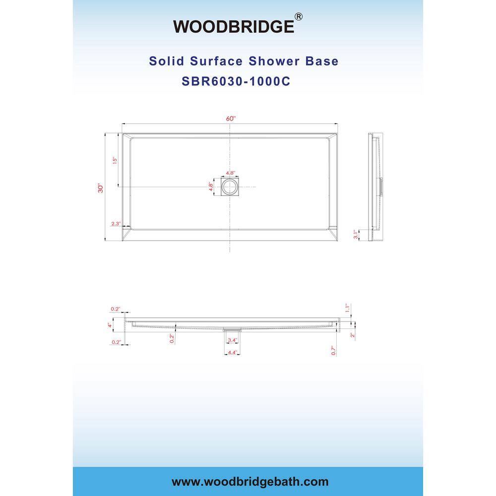 60" White Solid Surface Rectangular Shower Pan with Center Drain
